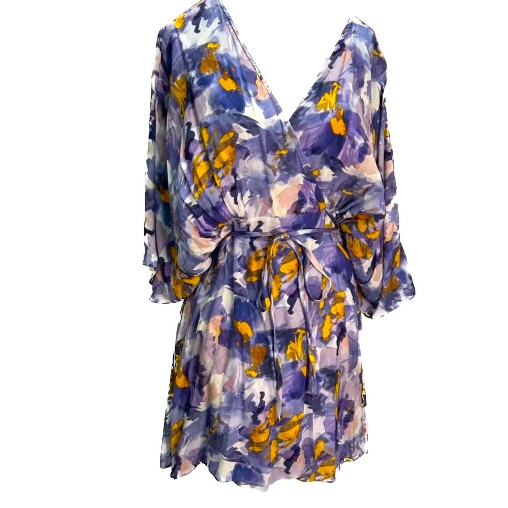 Floral Watercolor Wrap Mini Dress - Purple/Yellow - Picture 2 of 13